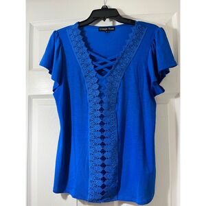 Vintage Rose Royal Blue Crochet Lace Lattice V-Neck Flutter Sleeve Top Medium
